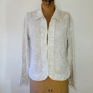 Chicos Size L / 3 Jacket White Silver Floral Textured Stretch Long Sleeve Collar